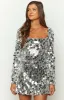 Marienne Silver Sequin Long Sleeve Mini Dress sold by Beginning Boutique