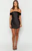 Primrose Black Satin Off the Shoulder Mini Dress sold by Beginning Boutique