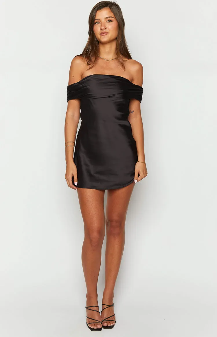 Primrose Black Satin Off the Shoulder Mini Dress sold by Beginning Boutique product image thumbnail 3