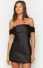 Primrose Black Satin Off the Shoulder Mini Dress sold by Beginning Boutique