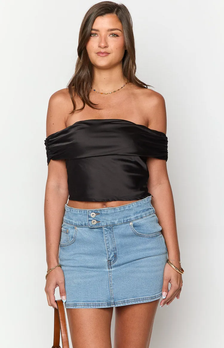 Primrose Black Satin Off the Shoulder Crop Top sold by Beginning Boutique product image thumbnail 2