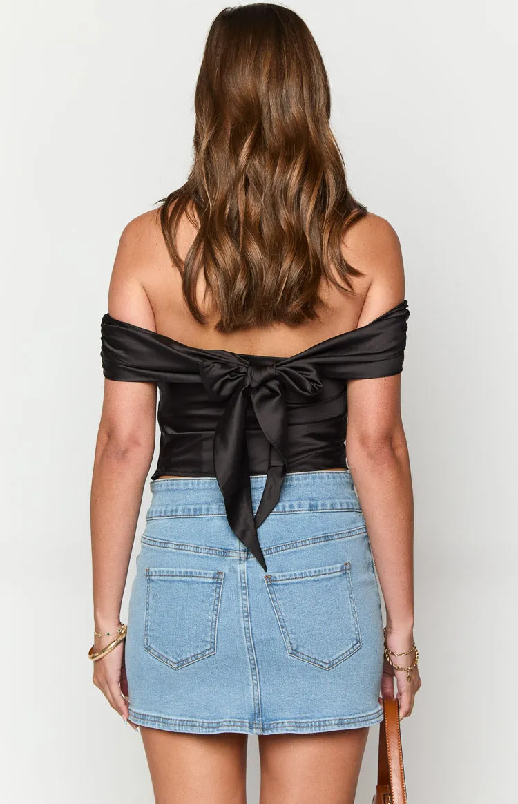 Primrose Black Satin Off the Shoulder Crop Top sold by Beginning Boutique product image thumbnail 5