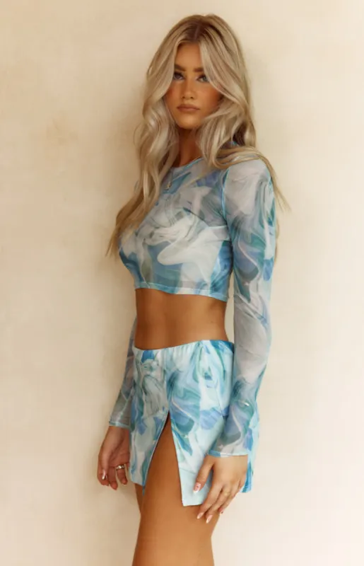 Harper Blue Print Mesh Mini Skirt sold by Beginning Boutique