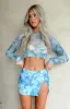 Harper Blue Print Mesh Mini Skirt sold by Beginning Boutique