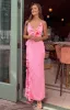 Nahanee Pink Satin Ruffle Maxi Dress sold by Beginning Boutique