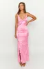 Nahanee Pink Satin Ruffle Maxi Dress sold by Beginning Boutique