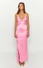 Nahanee Pink Satin Ruffle Maxi Dress sold by Beginning Boutique