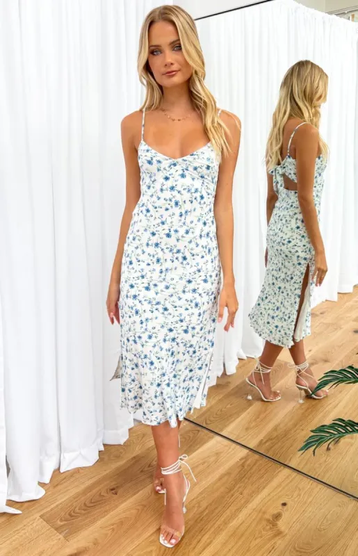 Gemma Midi Dress Blue Floral sold by Beginning Boutique