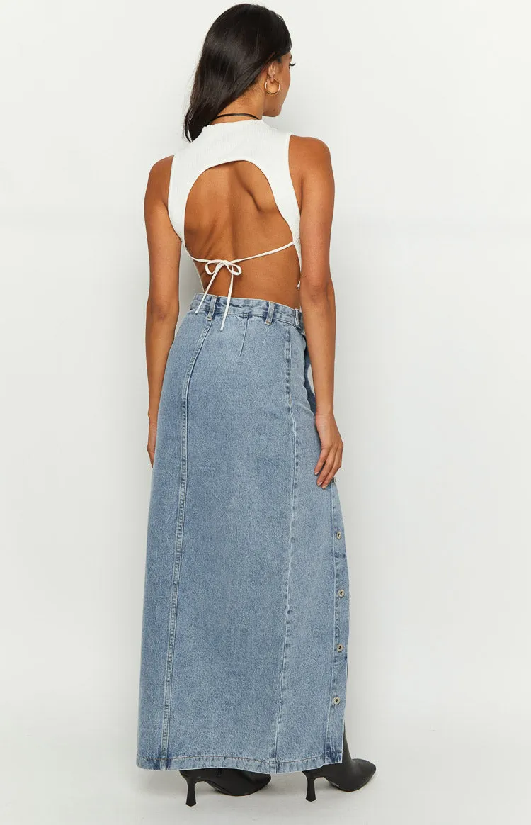 Fazio Button Side Denim Maxi Skirt sold by Beginning Boutique product image thumbnail 5
