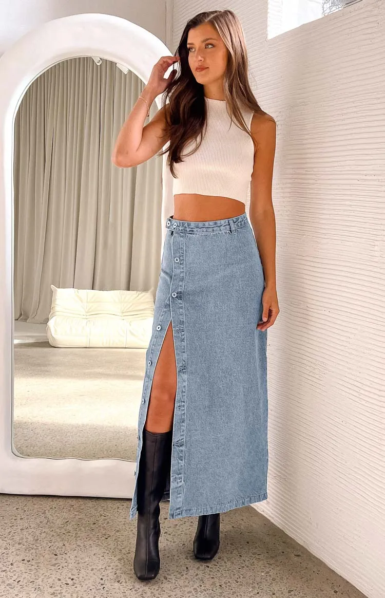 Fazio Button Side Denim Maxi Skirt sold by Beginning Boutique