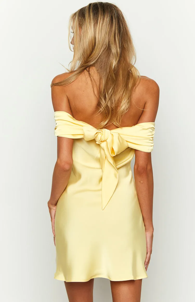 Primrose Yellow Satin Off the Shoulder Mini Dress sold by Beginning Boutique product image thumbnail 5