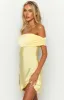 Primrose Yellow Satin Off the Shoulder Mini Dress sold by Beginning Boutique