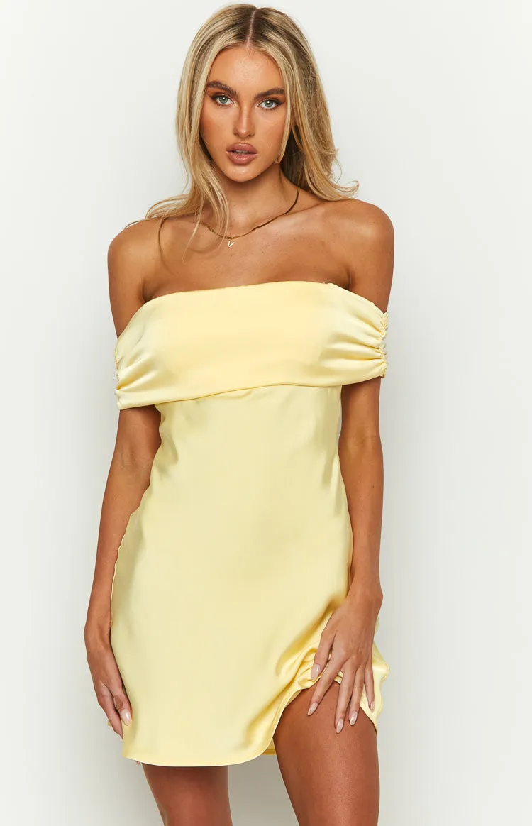 Primrose Yellow Satin Off the Shoulder Mini Dress sold by Beginning Boutique product image thumbnail 2