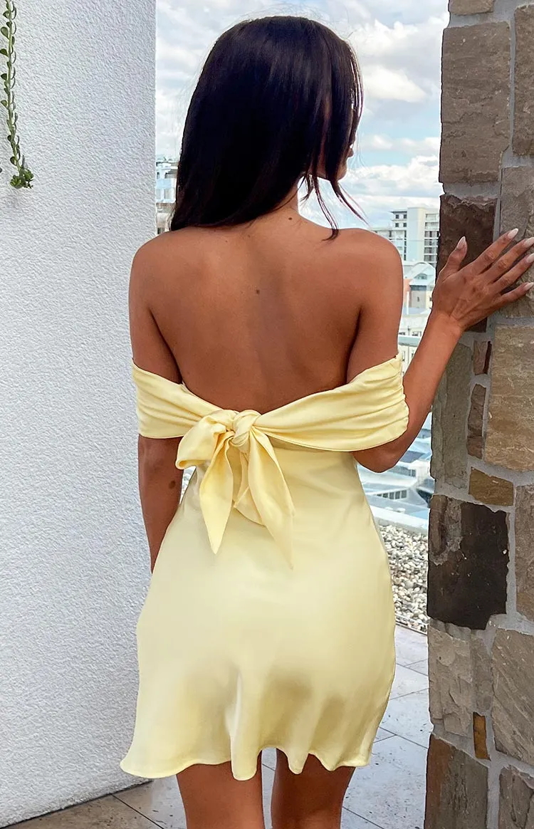 Primrose Yellow Satin Off the Shoulder Mini Dress sold by Beginning Boutique
