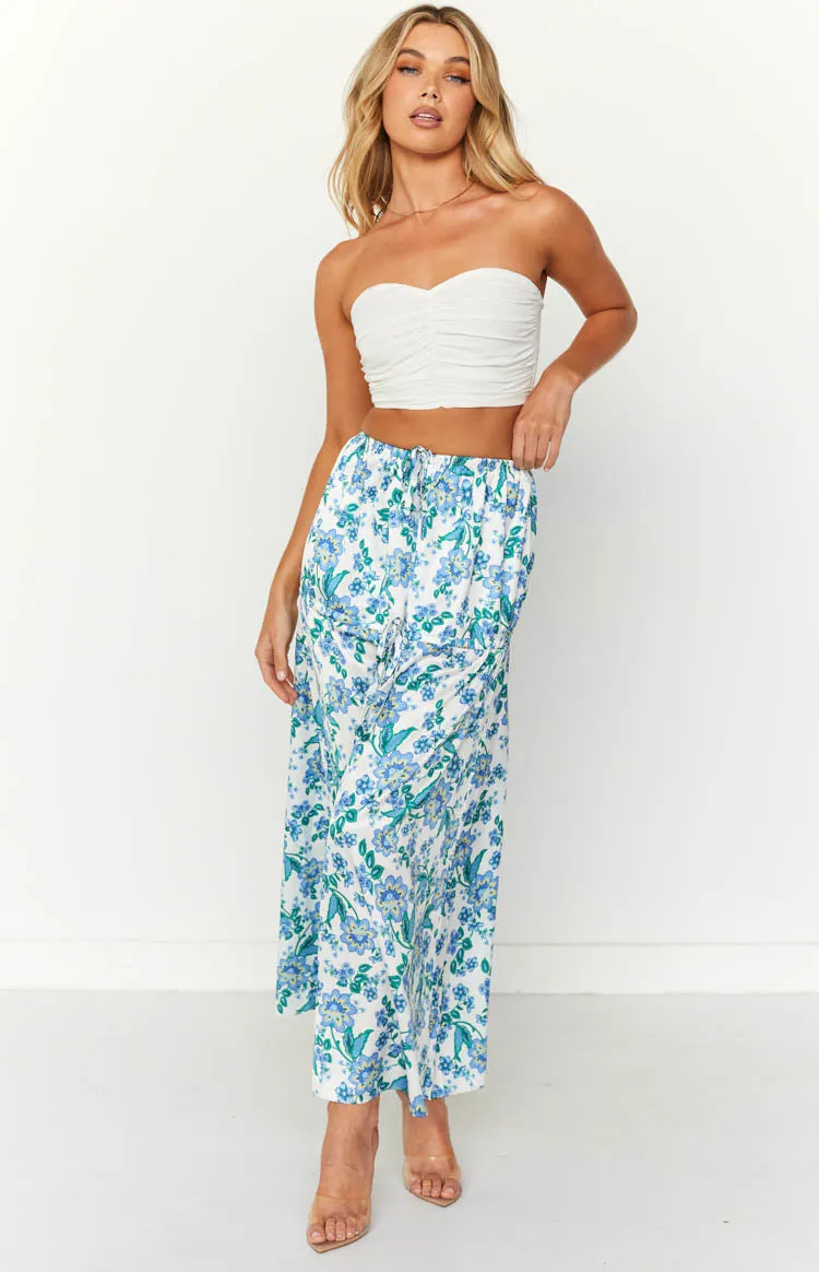 Sweet Satin Blue Floral Maxi Skirt sold by Beginning Boutique
