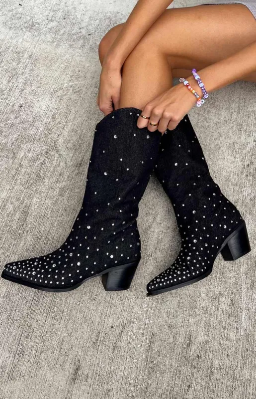 Billini Deniz Black Denim Cowboy Boots sold by Beginning Boutique