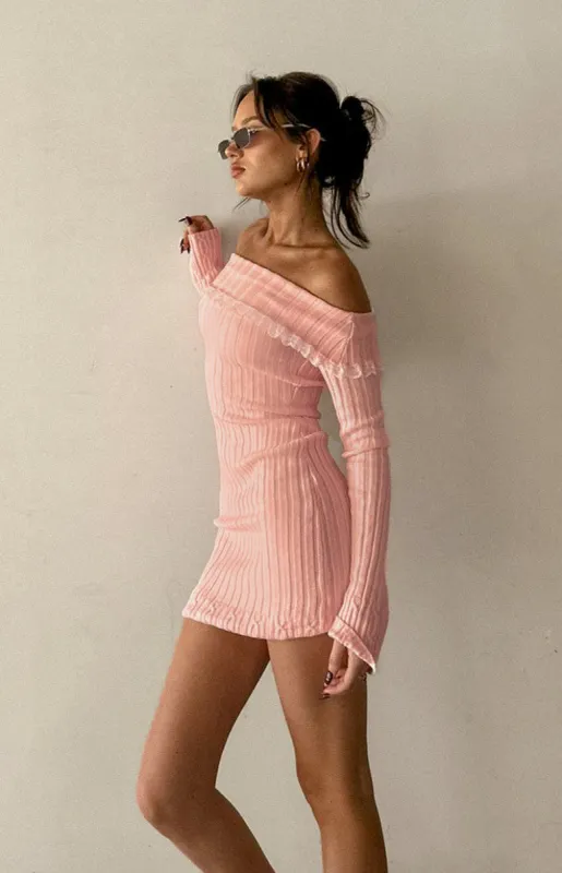 Mimi Pink Long Sleeve Off Shoulder Knit Mini Dress sold by Beginning Boutique