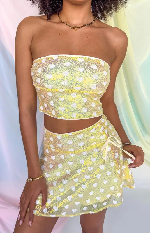 Mary Yellow Sequin Strapless Corset Top sold by Beginning Boutique
