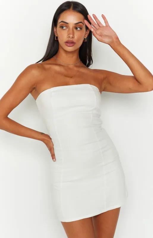 Arbor White Strapless Linen Blend Mini Dress sold by Beginning Boutique