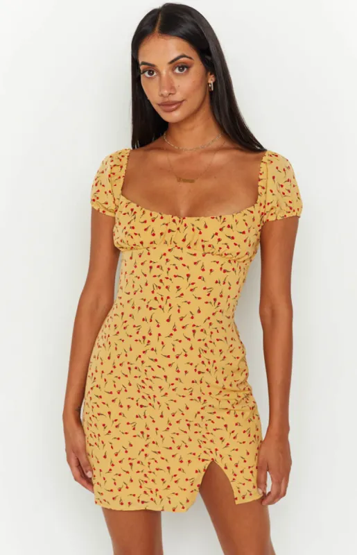 Love & Lust Yellow Floral Cap Sleeve Mini Dress sold by Beginning Boutique