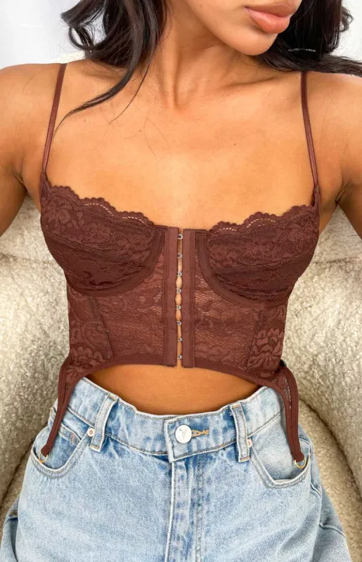 Beckster Brown Garter Corset Top sold by Beginning Boutique
