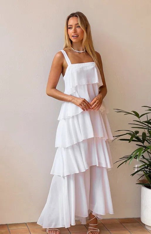 Brielle White Layered Frill Maxi Dress sold by Beginning Boutique