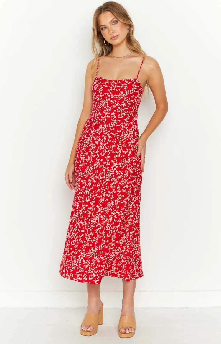 Delphine Red Floral Midi Dress sold by Beginning Boutique product image thumbnail 3