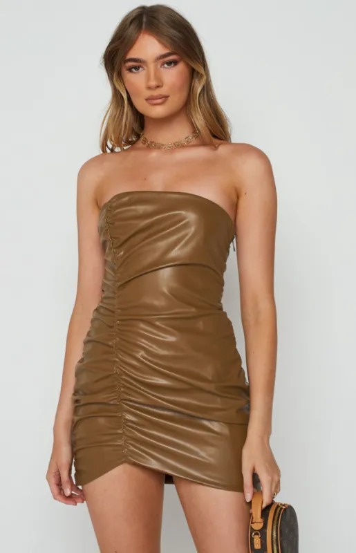 Kailani Brown PU Mini Dress sold by Beginning Boutique