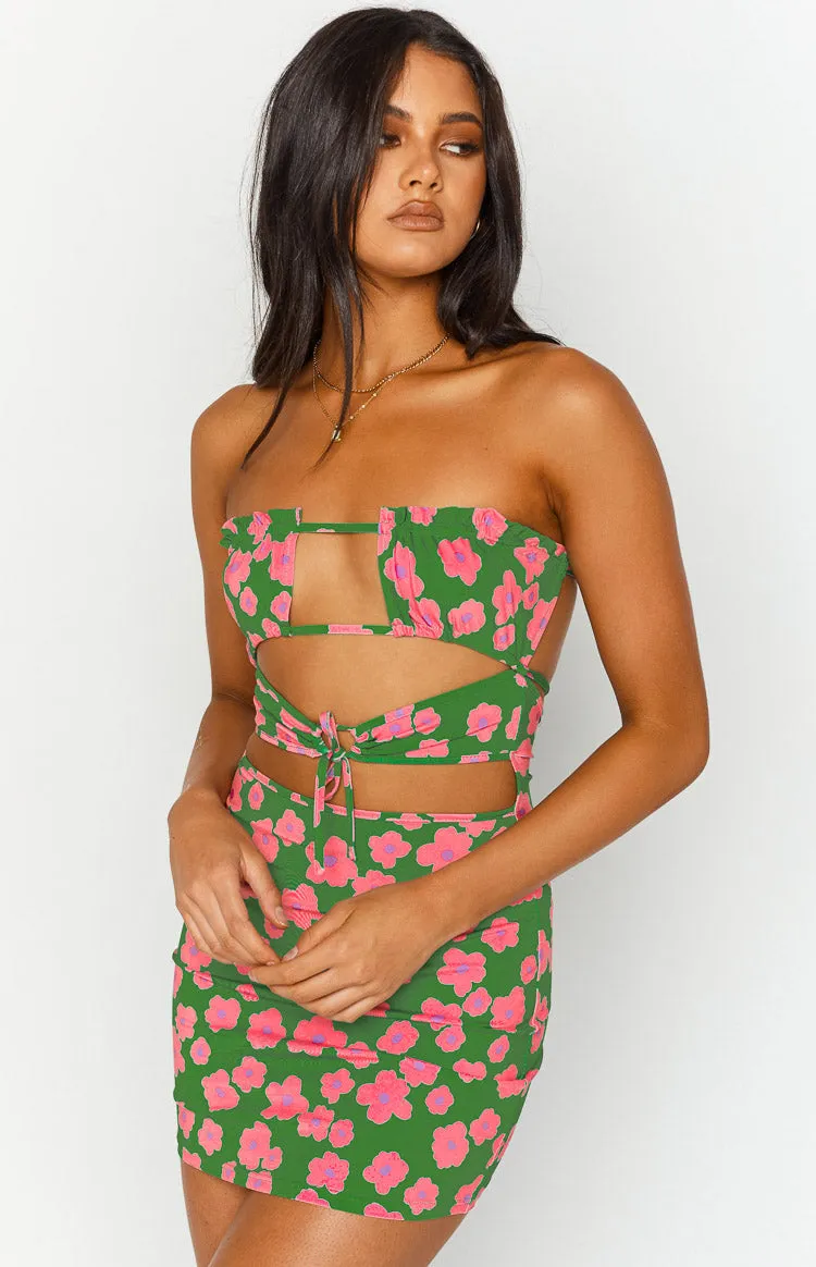 Chantria Green Floral Strapless Mini Dress sold by Beginning Boutique