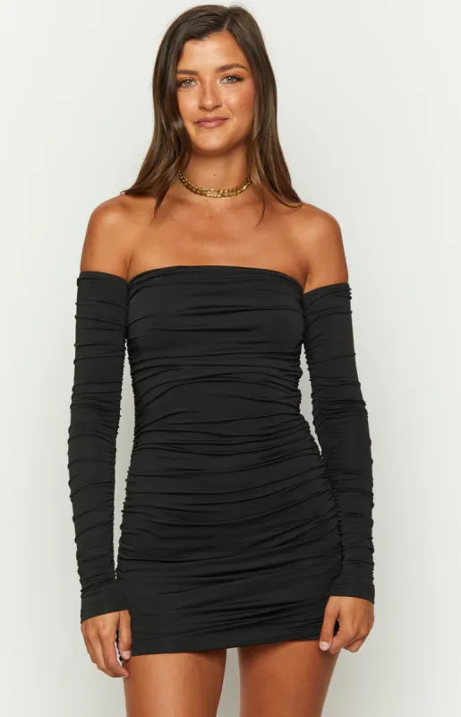 Evie Black Long Sleeve Off Shoulder Mini Dress sold by Beginning Boutique