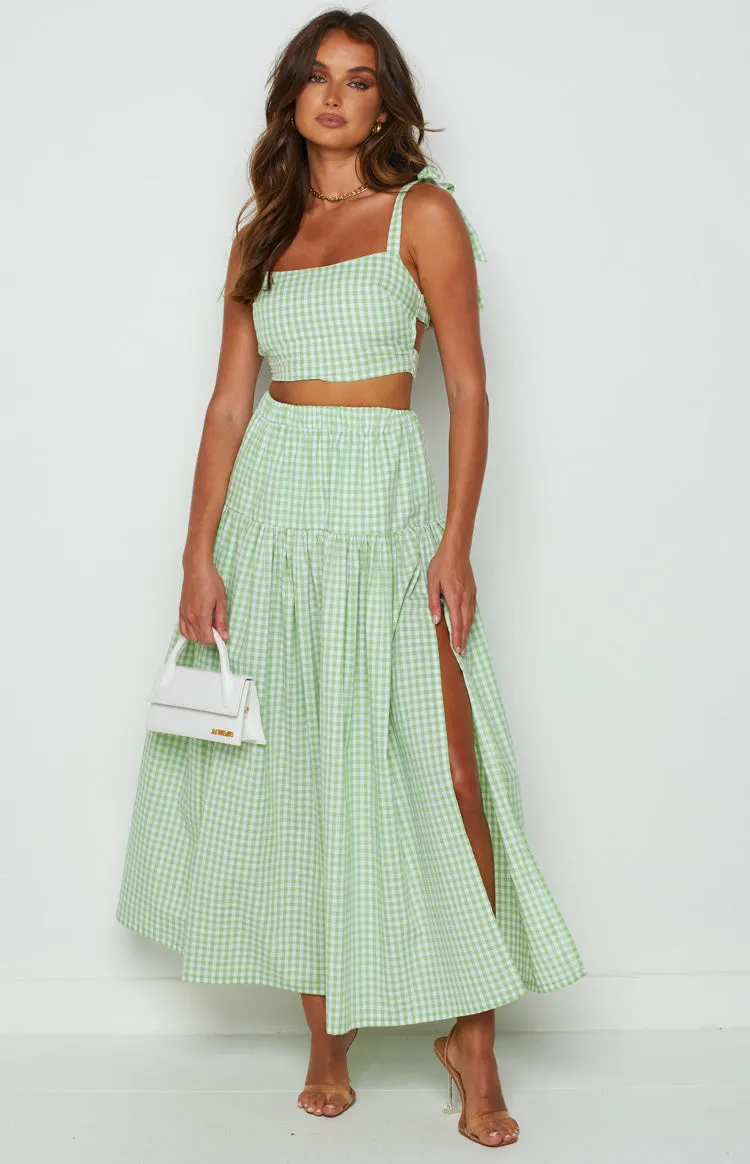 Cosmos Maxi Skirt Green Gingham sold by Beginning Boutique