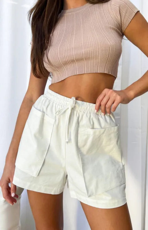 Santorini White Linen Blend Shorts sold by Beginning Boutique