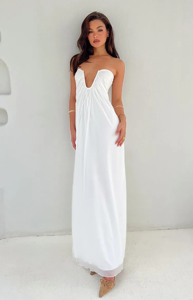 Braelyn White Strapless Maxi Dress sold by Beginning Boutique