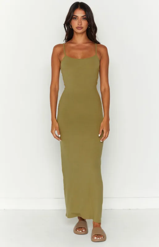 Melrose Khaki Maxi Dress sold by Beginning Boutique