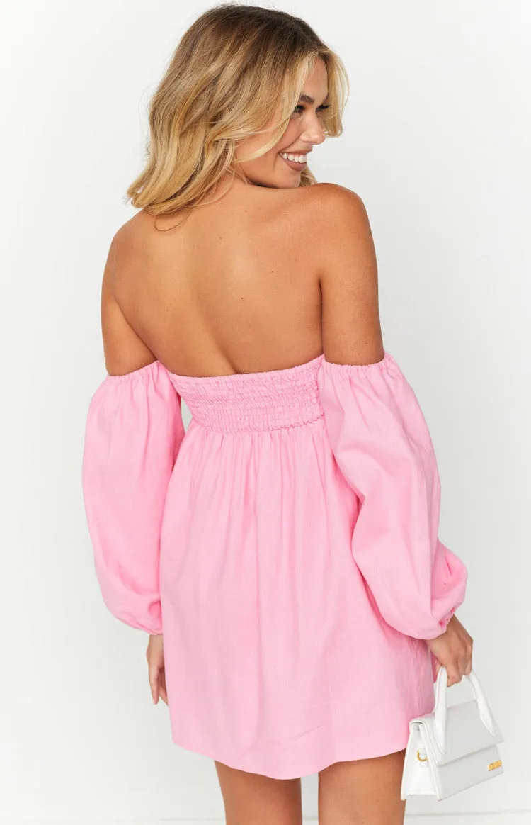 Koa Pink Off Shoulder Linen Mini Dress sold by Beginning Boutique product image thumbnail 5