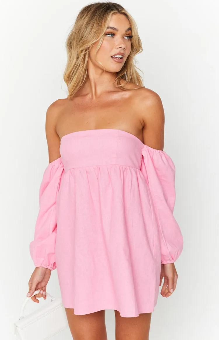 Koa Pink Off Shoulder Linen Mini Dress sold by Beginning Boutique product image thumbnail 3