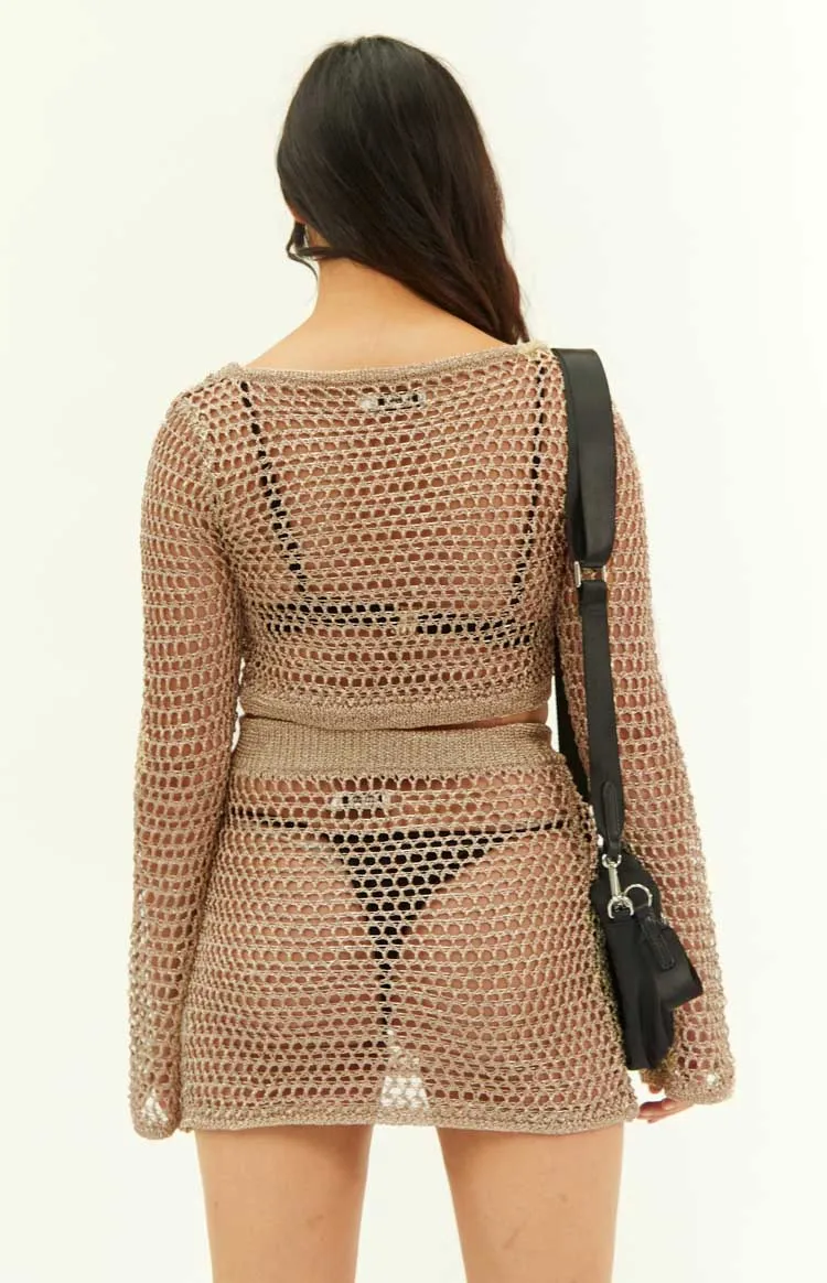 Wild Thoughts Gold Metallic Fishnet Mini Skirt sold by Beginning Boutique product image thumbnail 5