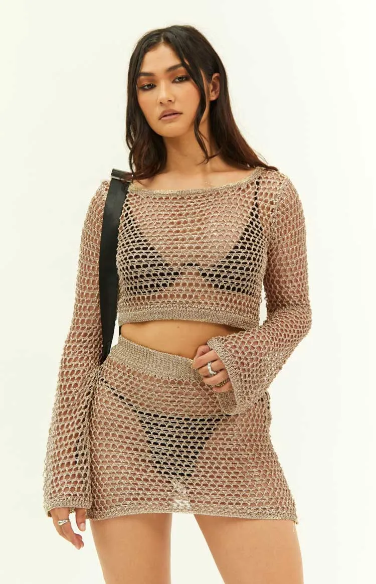 Wild Thoughts Gold Metallic Fishnet Mini Skirt sold by Beginning Boutique product image thumbnail 3