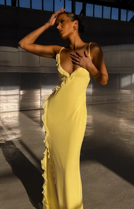 Nahanee Yellow Ruffle Maxi Dress sold by Beginning Boutique