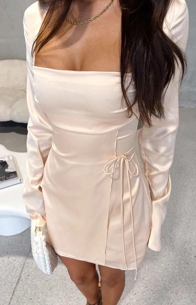 Lucy Cream Satin Long Sleeve Mini Dress sold by Beginning Boutique