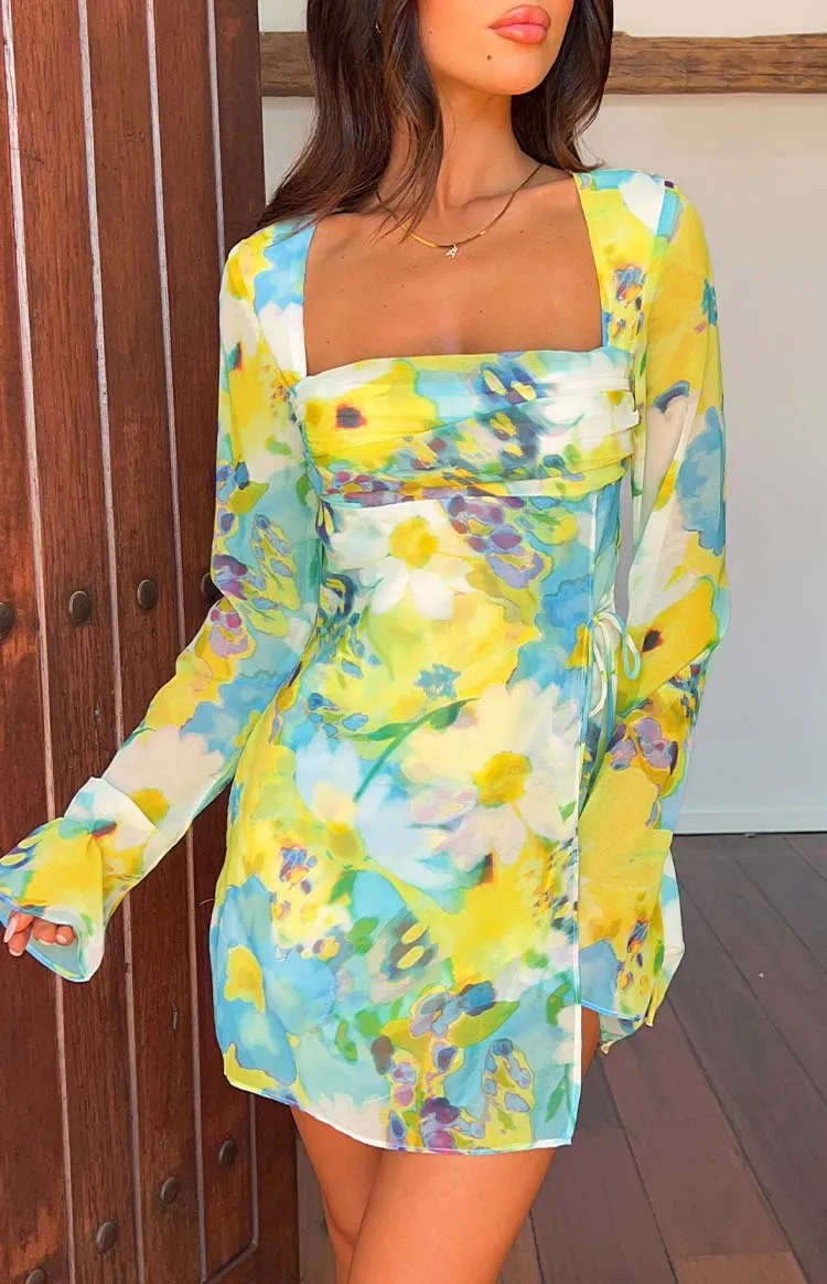 Lucy Blue Floral Long Sleeve Mini Dress sold by Beginning Boutique
