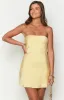 Mylee Yellow Satin Strapless Mini Dress sold by Beginning Boutique