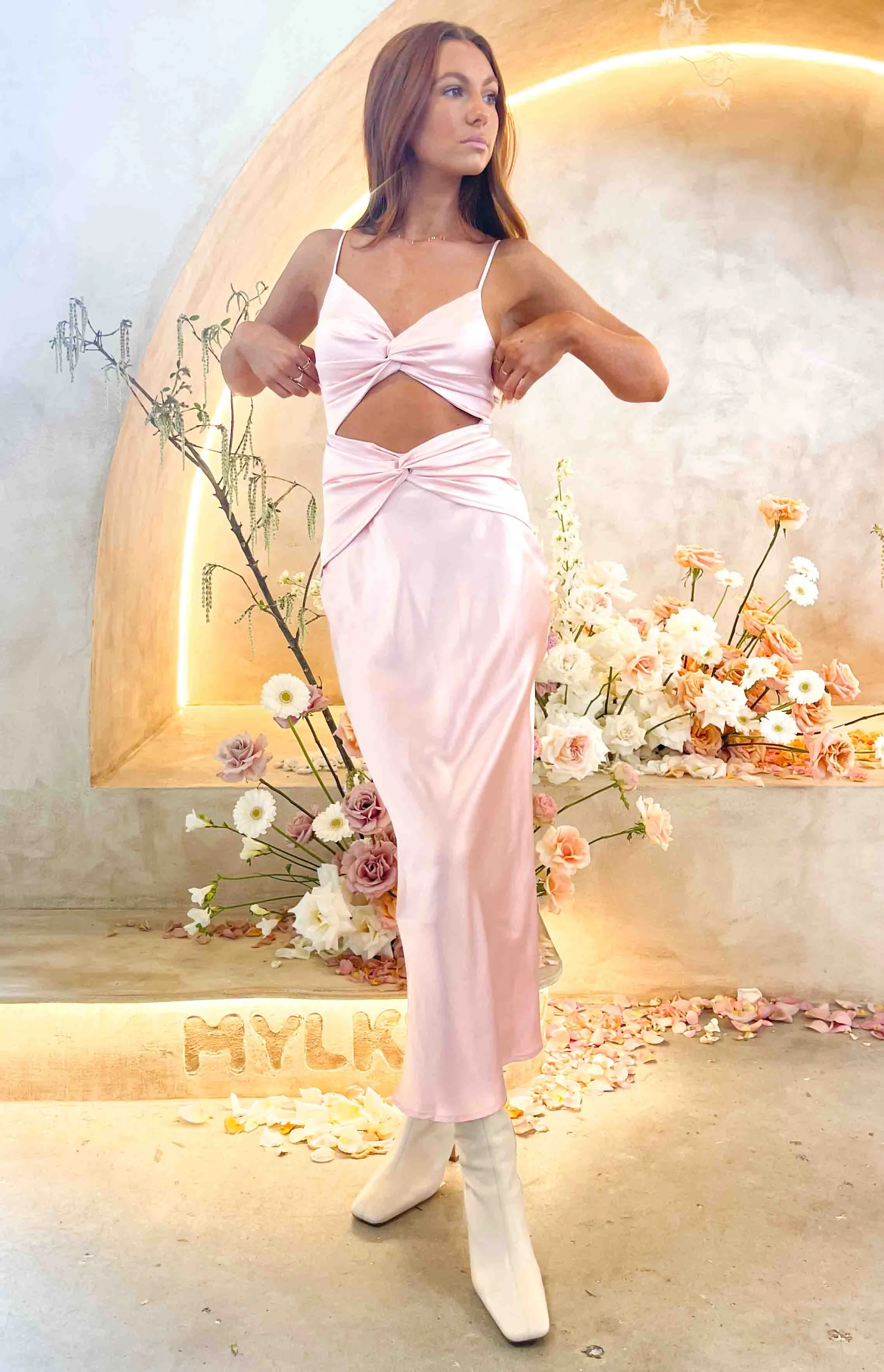 Amelie Pink Twist Satin Midi Dress sold by Beginning Boutique