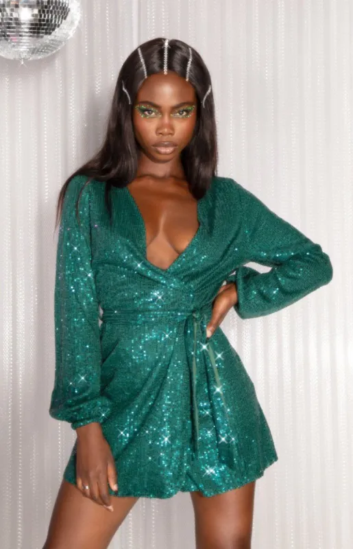 Avenue Sequin Mini Dress Emerald sold by Beginning Boutique