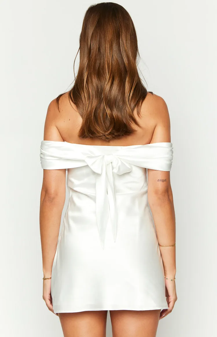 Primrose White Satin Off the Shoulder Mini Dress sold by Beginning Boutique product image thumbnail 5