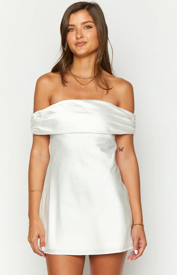 Primrose White Satin Off the Shoulder Mini Dress sold by Beginning Boutique product image thumbnail 2