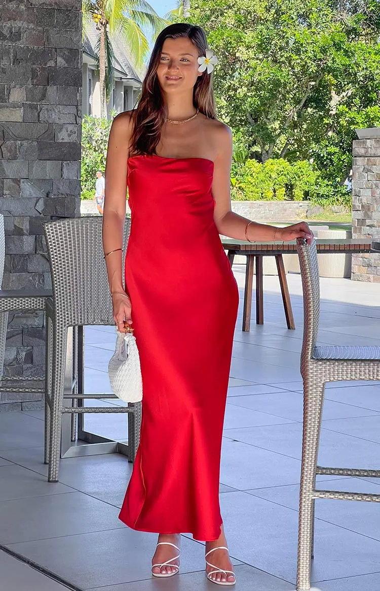 Cassander Red Strapless Maxi Dress sold by Beginning Boutique
