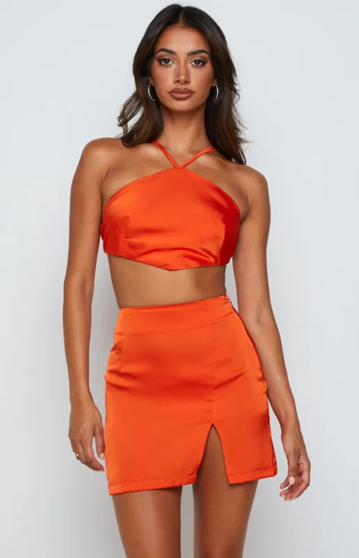 Gina Orange Satin Halter Top sold by Beginning Boutique