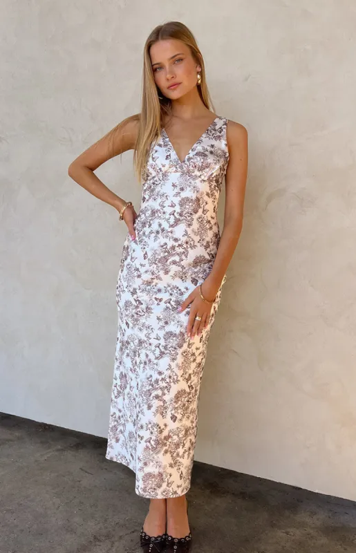 Verlaine Brown Garden Print Maxi Dress sold by Beginning Boutique
