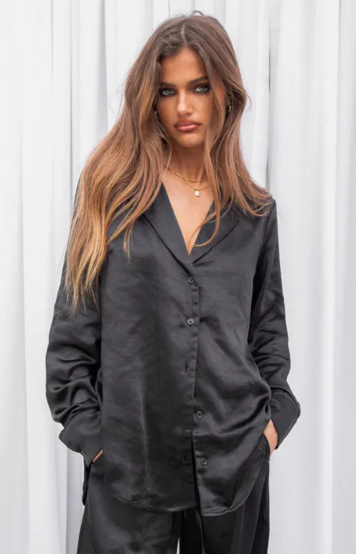 Livia Black Satin Shirt sold by Beginning Boutique